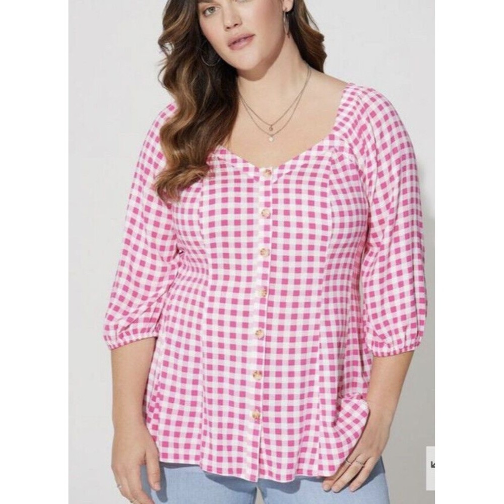 Torrid Pink White Plaid Checker Popover Slub Shirt Fit & Flare 3/4 Sleeve Sz 1